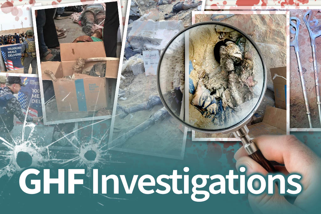 Collage of pictures from the GHF killing fields being examined with a magnifying glass. Text over the image says GHF Investigations.