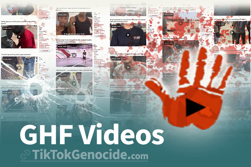 Screen capture of TikTok Genocide dot com, with bullet holes in the monitor. Text over the image says GHF Videos.